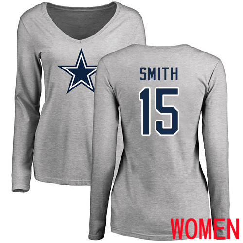 Women Dallas Cowboys Ash Devin Smith Name and Number Logo Slim Fit #15 Long Sleeve Nike NFL T Shirt